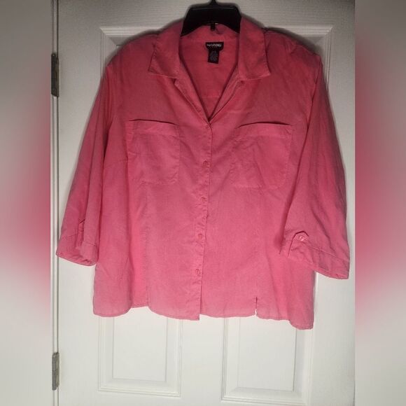 Nations Tops - Vtg Nations Silk 2X 100%SILK  Pink 3/4 Slve Pockets ButtonsUp Women ShirtBlouse